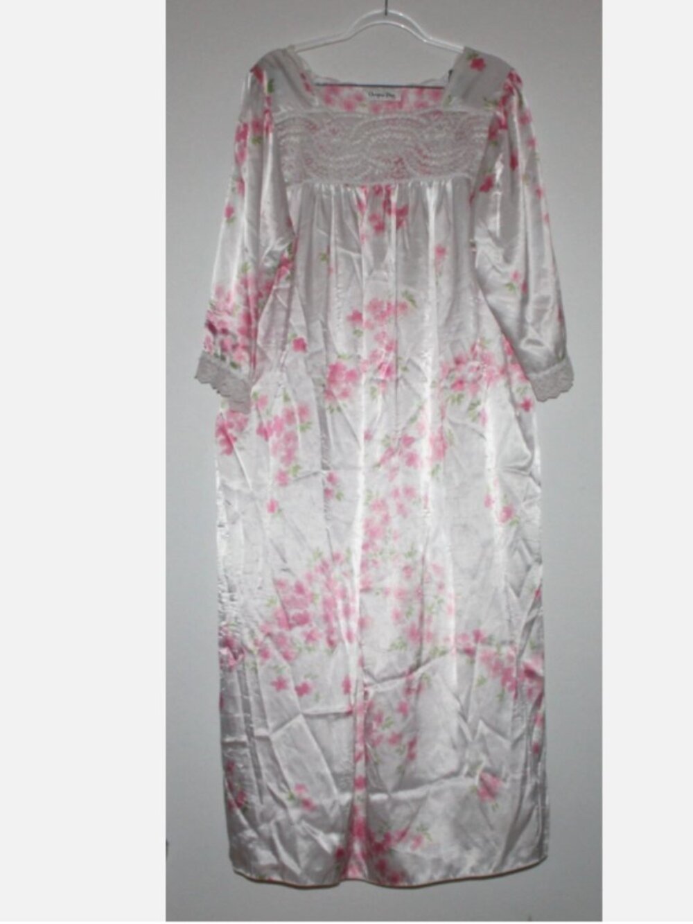 VTG Christian Dior Nightgown Satin Pink Floral Sheer Lace Smocked Sz XL Y2K 80s